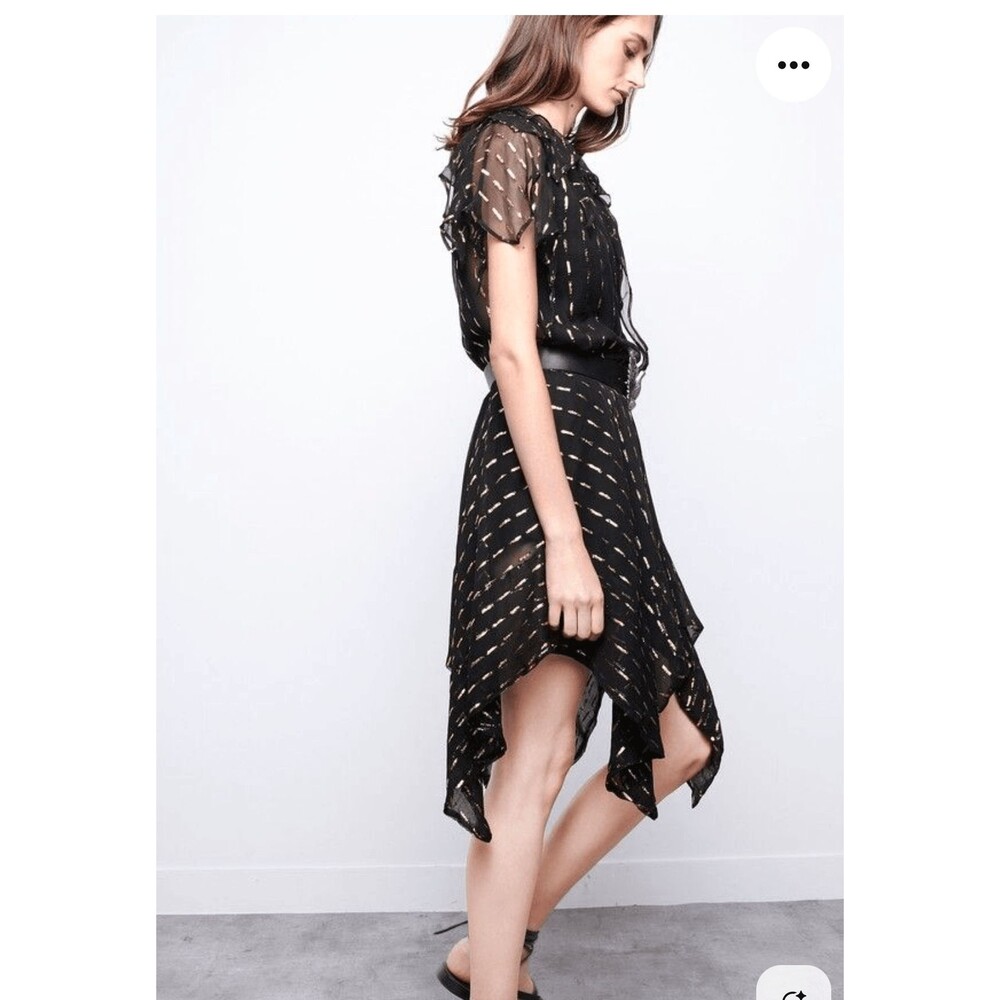 Zadig & Voltaire Black/Gold Crepe Rool Shiny Ruffled Dress Sz S Designer Luxury